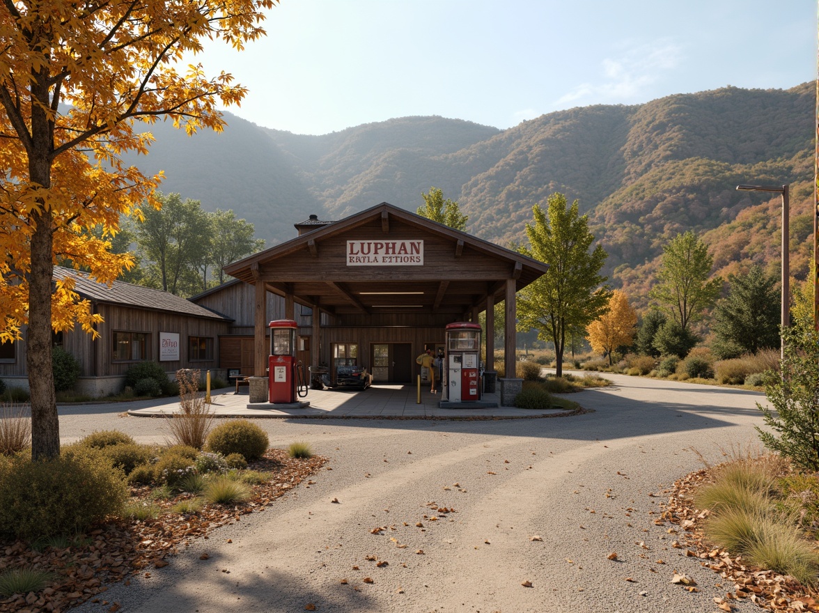 Prompt: Rustic gas station, regionalism style, earthy tones, natural stone walls, wooden accents, sloping roofs, vintage petrol pumps, retro-style signage, rural landscape, rolling hills, scattered trees, sunny afternoon, warm soft lighting, shallow depth of field, 1/2 composition, realistic textures, ambient occlusion.