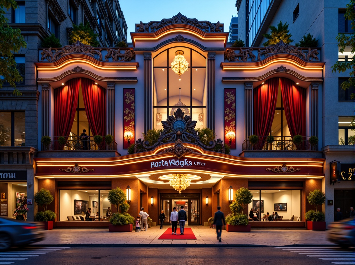 Prompt: Vibrant cinema facade, eclectic architectural style, ornate decorations, grand entrance, red carpet, golden accents, intricate moldings, ornamental columns, lavish chandeliers, velvet curtains, luxurious materials, bold color schemes, dynamic lighting effects, cinematic signage, 3D sculpted details, futuristic neon lights, urban cityscape, evening atmosphere, shallow depth of field, 1/2 composition, dramatic shadows, high-contrast textures.