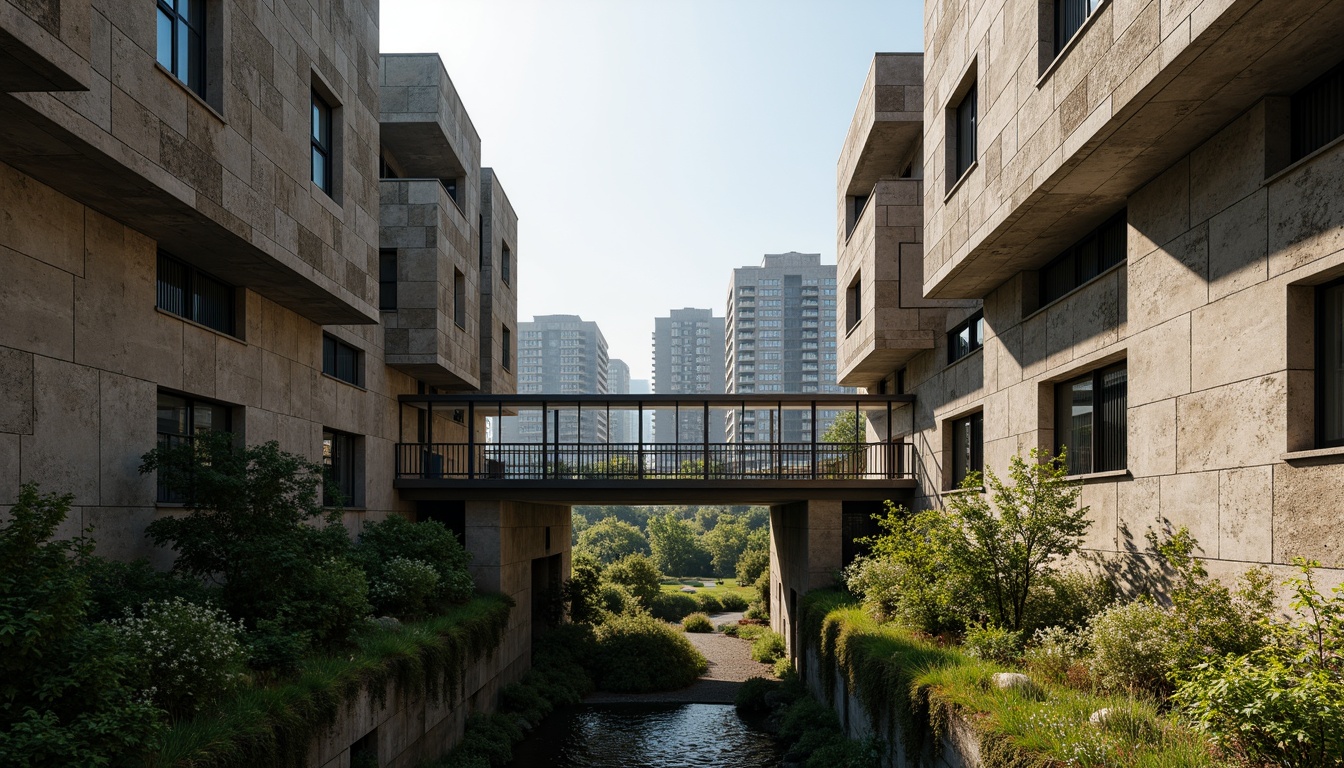 Prompt: Rugged brutalist buildings, raw concrete textures, fortress-like structures, overgrown vegetation, wildflowers, moss-covered walls, weathered steel beams, industrial materials, urban landscape integration, cityscape views, elevated walkways, cantilevered sections, dramatic shadows, harsh natural light, 1/1 composition, symmetrical framing, high-contrast lighting, gritty realistic textures, ambient occlusion.