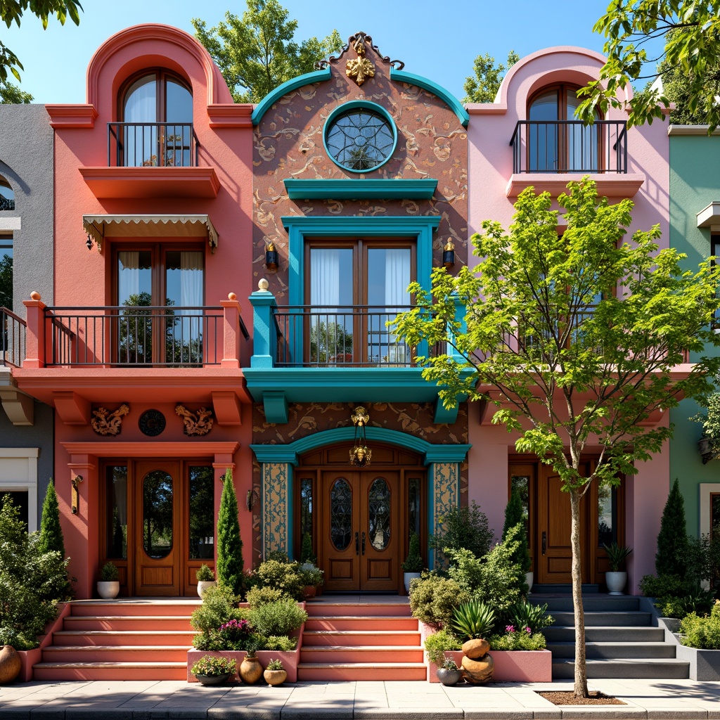 Prompt: Vibrant eclectic facade, ornate decorations, mixed materials, bold color schemes, intricate patterns, asymmetrical compositions, grand entranceways, sweeping arches, ornamental columns, carved wooden doors, stained glass windows, wrought iron balconies, lush greenery, flowering vines, sunny day, warm soft lighting, shallow depth of field, 1/1 composition, realistic textures, ambient occlusion.