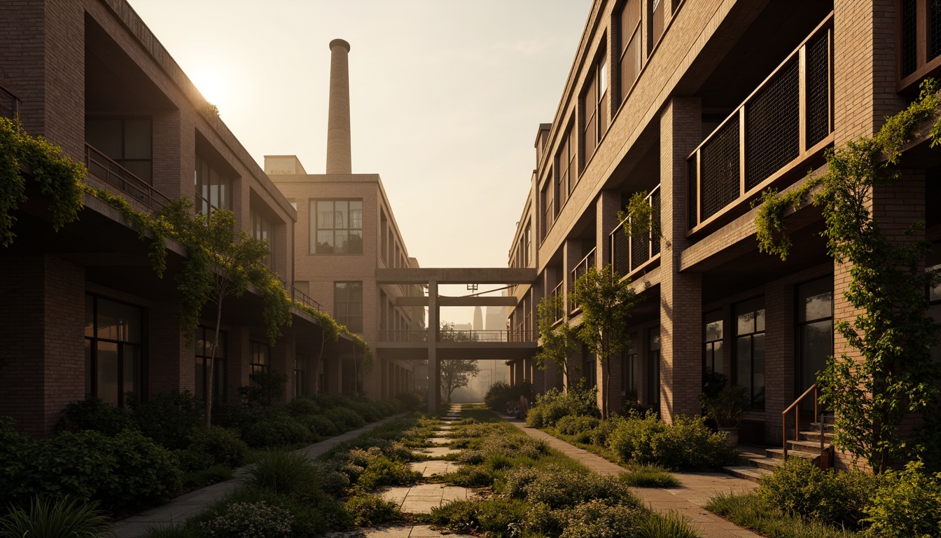 Prompt: Industrial factory buildings, Gothic architectural details, overgrown vegetation, crumbling brick walls, rusty metal beams, ivy-covered chimneys, abandoned machinery, foggy atmosphere, warm golden lighting, shallow depth of field, 1/2 composition, symmetrical framing, realistic textures, ambient occlusion.