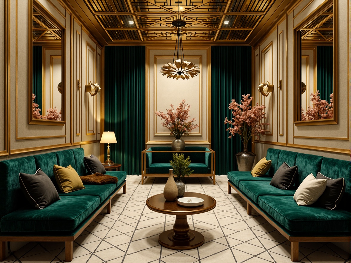 Prompt: Luxurious Art Deco interior, opulent gold accents, rich jewel-toned walls, lavish velvet fabrics, ornate metalwork, geometric patterns, bold black outlines, creamy whites, deep blues, emerald greens, warm beige backgrounds, metallic sheens, high-contrast lighting, dramatic shadows, 1920s-inspired glamour, sophisticated elegance, refined luxury, vintage flair, ornamental details, intricate textures, lavish ornamentation.