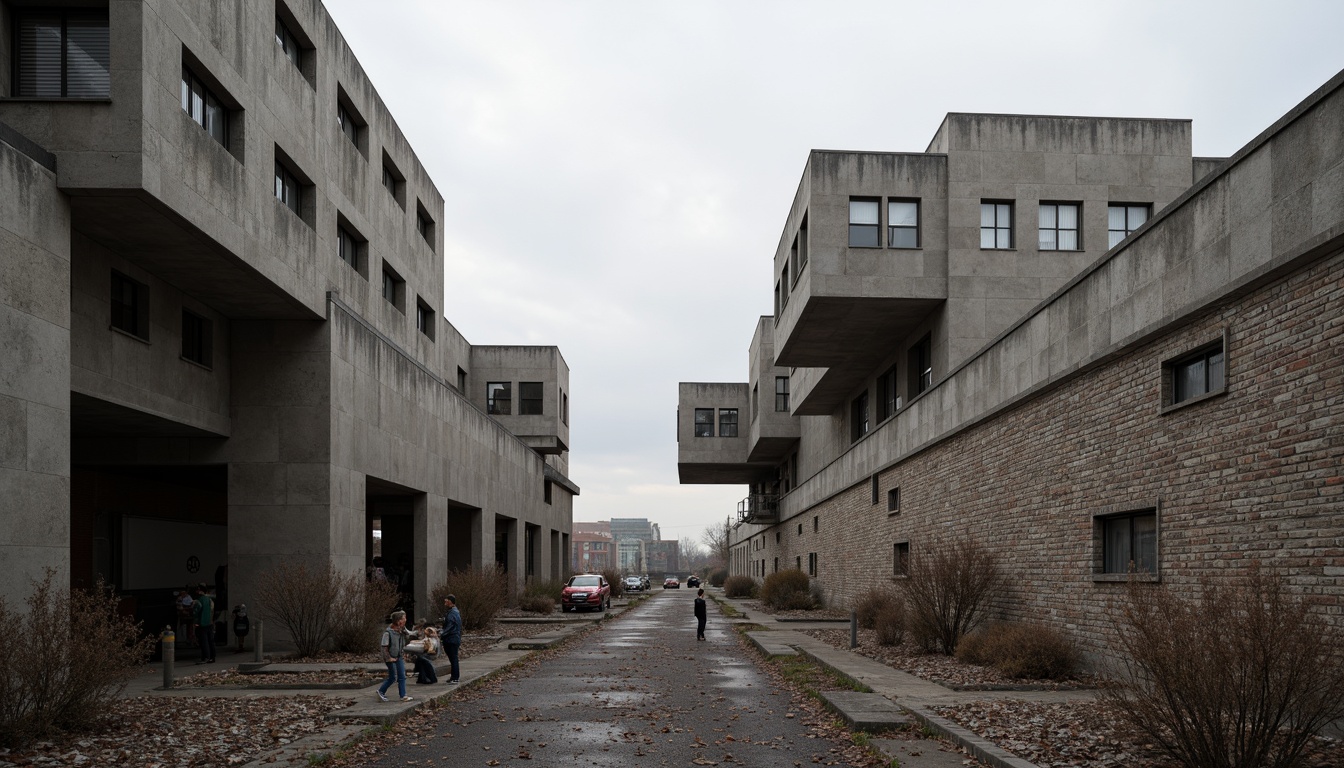 Prompt: Rough-hewn concrete walls, exposed ductwork, industrial metal beams, weathered steel surfaces, raw brick facades, rugged stone foundations, brutalist fortress-like structures, dramatic cantilevered roofs, angular geometric forms, monolithic monumental scale, harsh urban landscapes, overcast skies, diffused natural light, high-contrast shadows, gritty realistic textures, detailed normal maps, ambient occlusion.