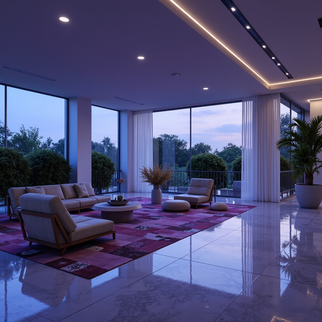 Prompt: Calming atmosphere, soothing blue hues, rich violet accents, modern interior design, spacious open-plan living area, sleek minimalist furniture, polished marble floors, geometric patterned rugs, floor-to-ceiling windows, abundant natural light, soft warm glow, 1/1 composition, shallow depth of field, realistic textures, ambient occlusion.