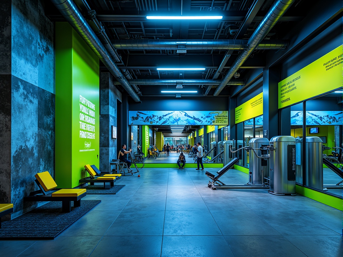 Prompt: Vibrant gym interior, bold color scheme, energetic atmosphere, neon green accents, deep blue tones, metallic silver equipment, industrial concrete floors, exposed ductwork ceilings, modern LED lighting, dynamic shadows, high-contrast textures, abstract geometric patterns, motivational quotes, futuristic architecture, sleek lines, minimalist design, state-of-the-art fitness machines, free weights area, mirrored walls, rubber flooring, athletic tracks, panoramic windows, natural daylight, soft warm glow, shallow depth of field, 3/4 composition.