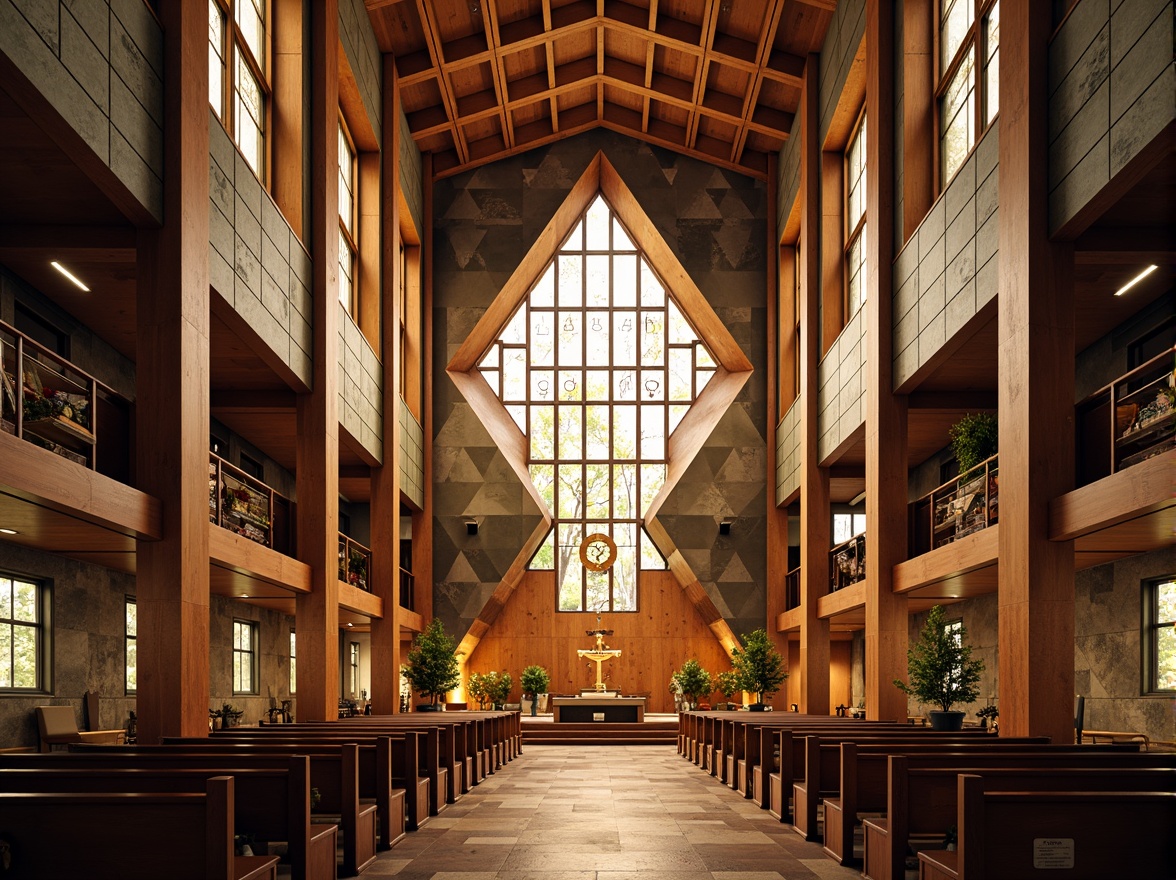 Prompt: Vibrant constructivist church, geometric shapes, bold lines, abstract forms, dynamic volumes, fragmented fa\u00e7ade, stained glass windows, intricate mosaics, rich textures, warm golden lighting, dramatic shadows, industrial materials, exposed brick walls, metallic accents, minimalist decor, sacred symbols, ornate details, spiritual ambiance, atmospheric misting, soft natural light, 1/1 composition, symmetrical framing, high contrast colors, bold typography, abstract patterns.