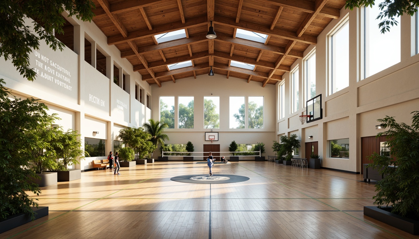 Prompt: Spacious gymnasium interior, high ceilings, natural light pouring in, polished wooden floors, basketball courts, volleyball nets, athletic tracks, exercise equipment, mirrored walls, motivational quotes, modern architectural design, sleek lines, minimalist decor, abundant greenery, tropical plants, warm color scheme, soft diffused lighting, shallow depth of field, 1/1 composition, realistic textures, ambient occlusion.