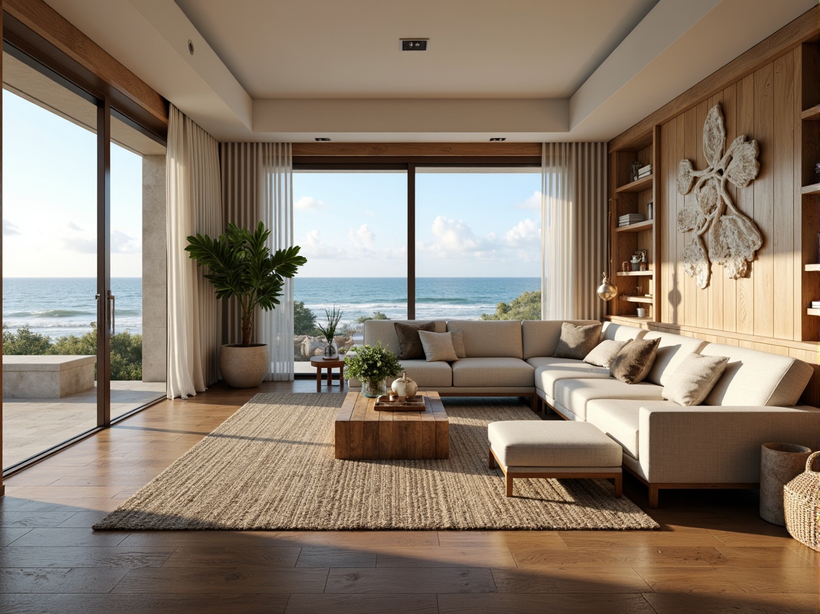 Prompt: Coastal living room, ocean-inspired color palette, driftwood accents, natural textiles, woven sea grass furniture, coral-patterned rugs, shell-adorned decorative walls, floor-to-ceiling windows, sliding glass doors, panoramic ocean views, soft warm lighting, beachy ambiance, minimalist decor, nautical-themed accessories, distressed wood flooring, plush sectional sofas, built-in shelving units, tropical plants, calming atmosphere, 1/1 composition, realistic reflections, ambient occlusion.