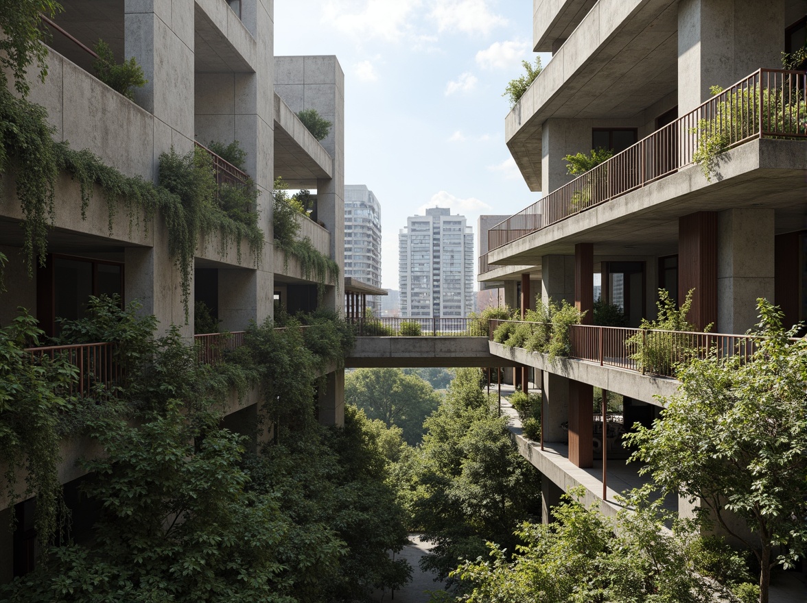 Prompt: Rugged brutalist buildings, raw concrete textures, fortress-like structures, overgrown vegetation, wildflowers, moss-covered walls, weathered steel beams, industrial materials, urban landscape integration, cityscape views, elevated walkways, cantilevered sections, dramatic shadows, harsh natural light, 1/1 composition, symmetrical framing, high-contrast colors, gritty realistic textures, ambient occlusion.