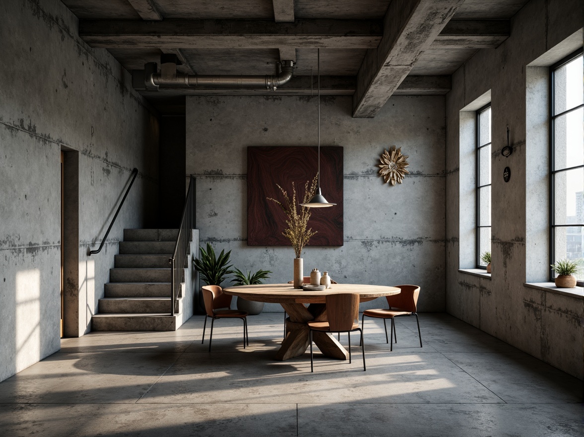 Prompt: Raw concrete walls, rugged textures, brutalist architecture, urban apartment building, industrial chic aesthetic, minimalist decor, functional simplicity, exposed ductwork, steel beams, industrial-style lighting, metal railings, raw wood accents, monochromatic color scheme, dramatic shadows, high-contrast lighting, cinematic composition, 1/2 camera angle, gritty realistic textures, ambient occlusion.