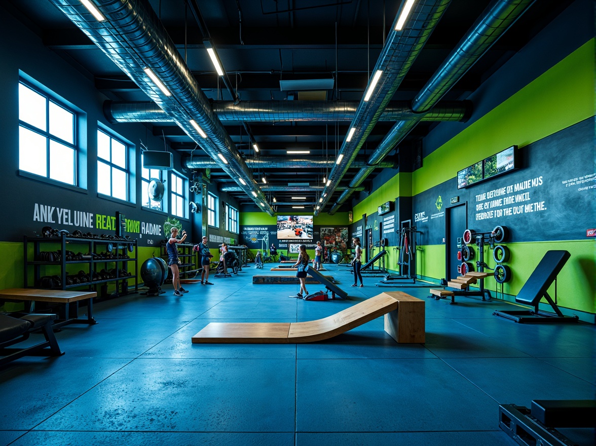 Prompt: Vibrant gym interior, bold color scheme, energetic atmosphere, neon green accents, deep blue tones, metallic silver equipment, industrial concrete floors, exposed ductwork ceilings, modern LED lighting, motivational quotes, athletic tracks, dynamic shapes, abstract patterns, high-contrast textures, dramatic shadows, 1/2 composition, low-angle shot, cinematic mood, realistic reflections.