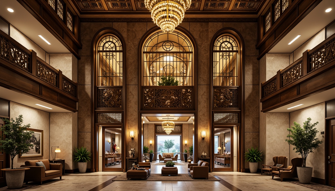 Prompt: Grand library facade, ornate Art Deco details, geometric patterns, metallic accents, grand entrance, symmetrical composition, vertical lines, luxurious materials, marble columns, bronze doors, stained glass windows, intricate moldings, ornamental railings, lavish chandeliers, warm golden lighting, shallow depth of field, 1/2 composition, realistic textures, ambient occlusion.