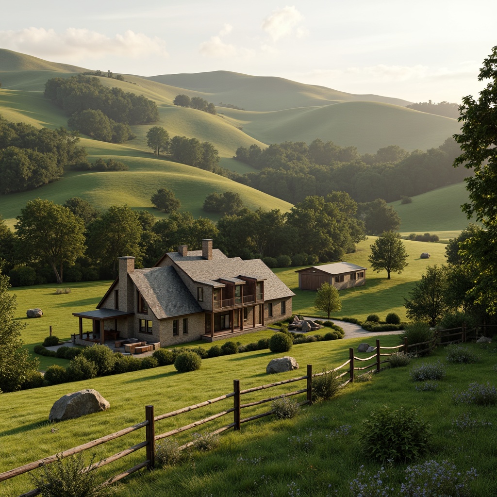 Prompt: Rolling hills, lush green pastures, rustic farmhouses, wooden fences, winding country roads, rural landscapes, traditional architectural styles, pitched roofs, brick chimneys, natural stone walls, earthy color palette, warm soft lighting, shallow depth of field, 1/1 composition, serene atmosphere, realistic textures, ambient occlusion, integration with nature, eco-friendly materials, sustainable design principles, minimal environmental impact.