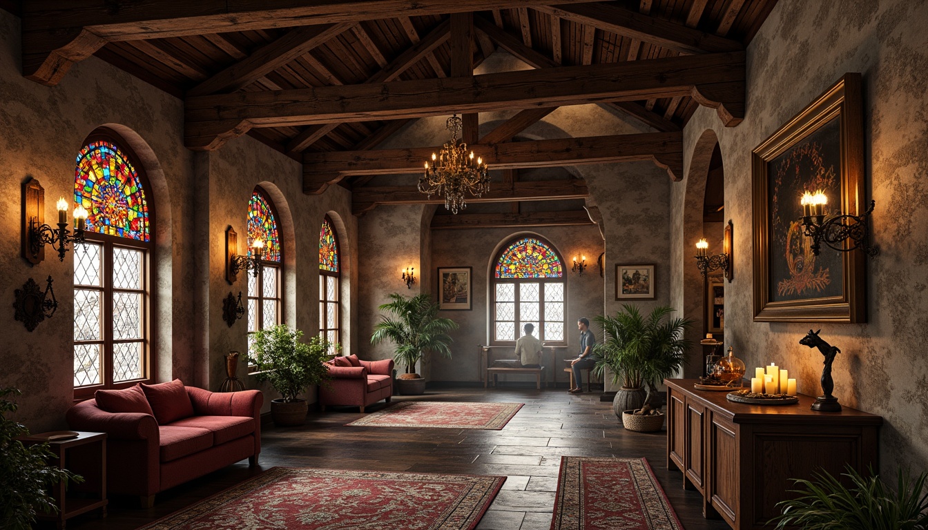 Prompt: Rustic barn, Byzantine architecture, distressed wood textures, weathered stone walls, ornate metal accents, intricate mosaics, vibrant stained glass windows, rich velvet fabrics, luxurious golden ornaments, warm candlelight, soft misty atmosphere, shallow depth of field, 1/1 composition, realistic reflections, ambient occlusion.