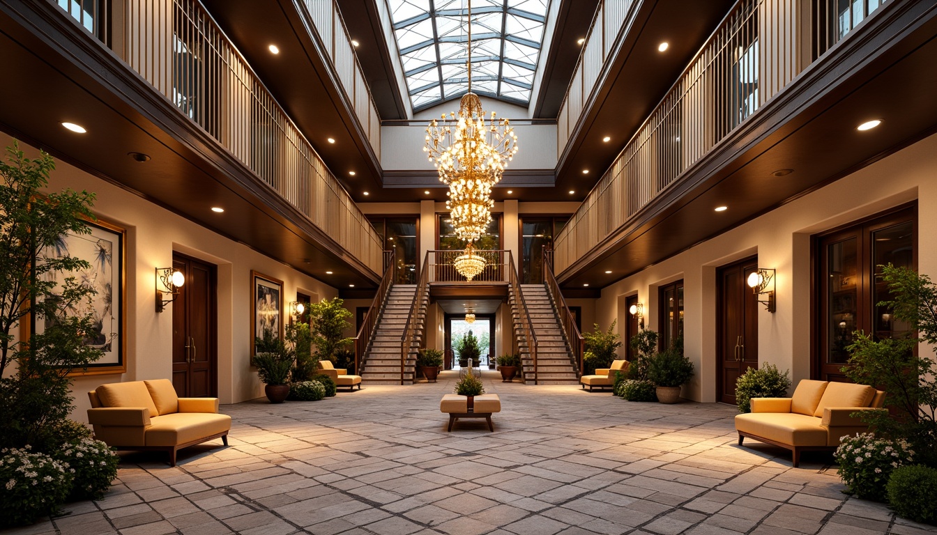 Prompt: Luxurious villa, symmetrical facade, geometric patterns, ornate metalwork, lavish decorations, opulent furnishings, grand entrance, sweeping staircases, elegant chandeliers, rich textiles, bold color schemes, metallic accents, reflective surfaces, precise lines, balanced composition, 1/1 aspect ratio, central axis, radial symmetry, harmonious proportions, sophisticated ambiance, warm golden lighting, soft focus, shallow depth of field.