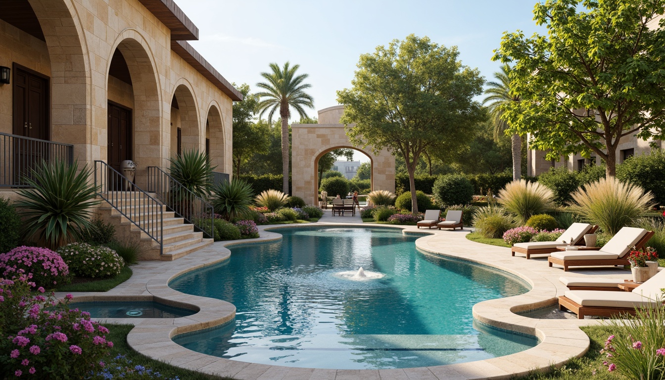 Prompt: Ancient Roman-inspired pool, natural stone coping, ornate fountains, lush greenery, vibrant flowers, Mediterranean plants, rustic wooden decking, warm beige stonework, curved archways, grand columns, soft warm lighting, shallow depth of field, 3/4 composition, panoramic view, realistic textures, ambient occlusion.