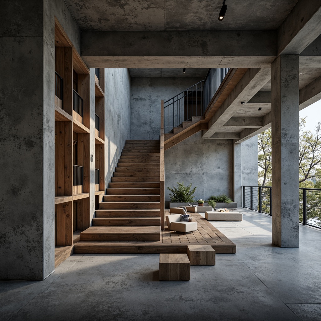 Prompt: Raw concrete walls, rugged textures, brutalist architecture, urban apartment building, industrial chic aesthetic, minimalist decor, functional simplicity, exposed ductwork, steel beams, industrial-style lighting, metal railings, raw wood accents, monochromatic color scheme, dramatic shadows, high-contrast lighting, cinematic composition, 1/2 camera angle, gritty realistic textures, ambient occlusion.