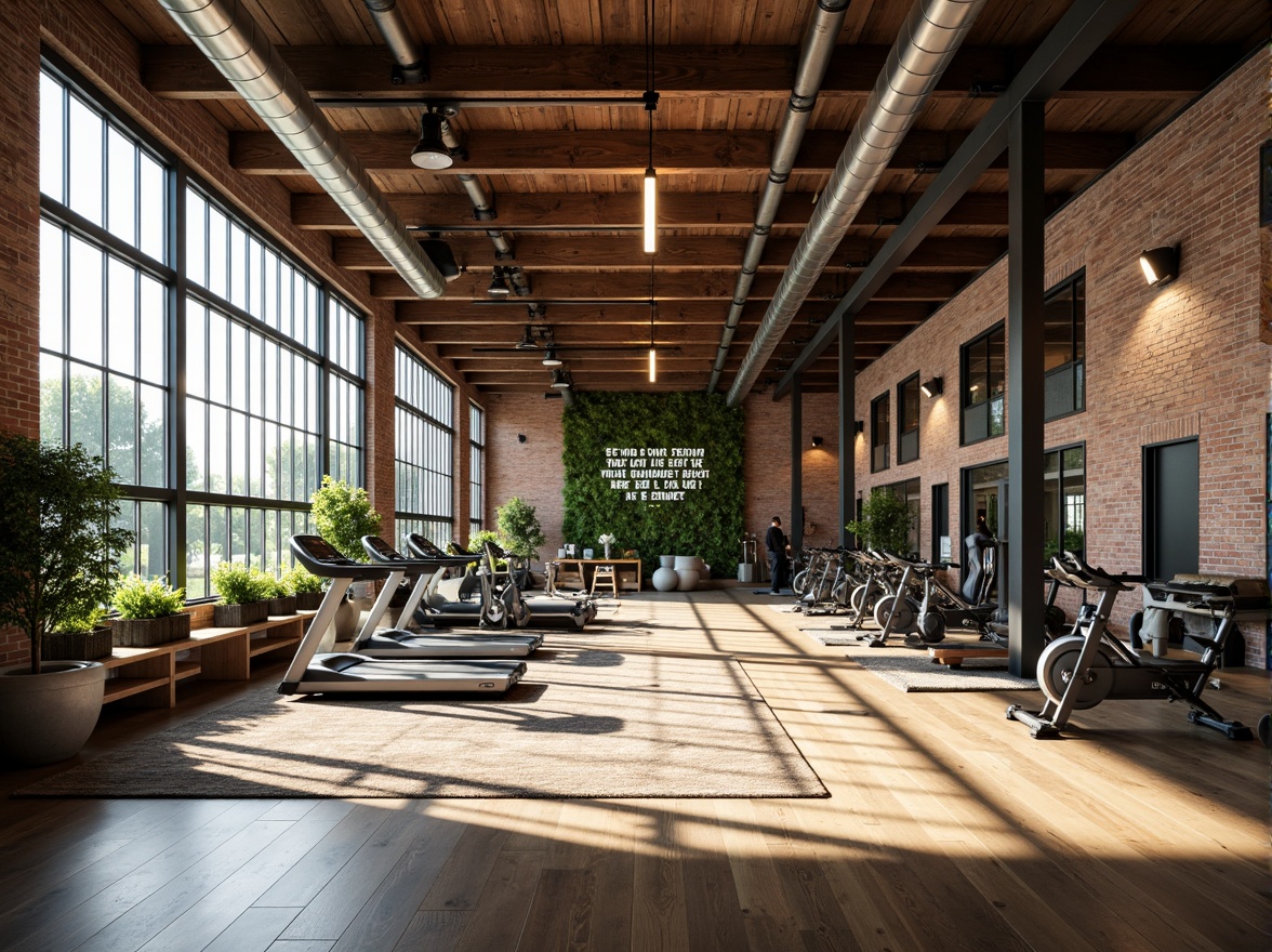 Prompt: Vibrant gym interior, metabolism-inspired design, natural light pouring in, large windows, industrial metal beams, reclaimed wood accents, exposed brick walls, modern fitness equipment, free weights, treadmills, exercise bikes, motivational quotes, greenery walls, living plants, earthy tones, warm color scheme, high ceilings, open spaces, minimal decor, functional layout, softbox lighting, shallow depth of field, 1/1 composition, realistic textures, ambient occlusion.