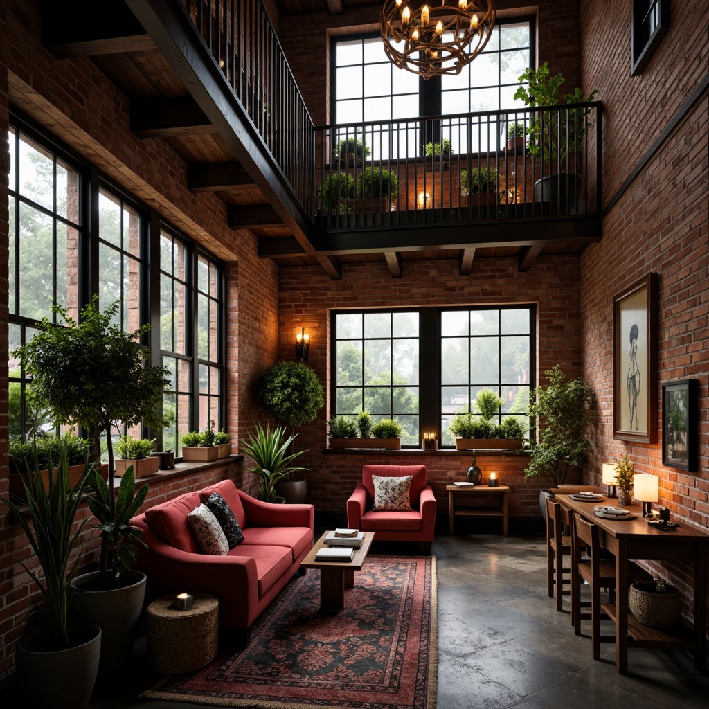 Prompt: Exposed brick walls, distressed wooden beams, industrial metal frames, vintage decorative windows, ornate ironwork balconies, soft warm lighting, romantic candlelit ambiance, lush greenery, overflowing flower boxes, eclectic art pieces, reclaimed wood accents, rustic stone floors, cozy reading nooks, plush velvet furnishings, rich jewel-toned color palette, dramatic high ceilings, open-plan living spaces, minimalist modern furniture, artistic sculptural elements, atmospheric misty morning, warm golden hour lighting, shallow depth of field, 1/1 composition, intimate close-up shots, realistic textures, ambient occlusion.