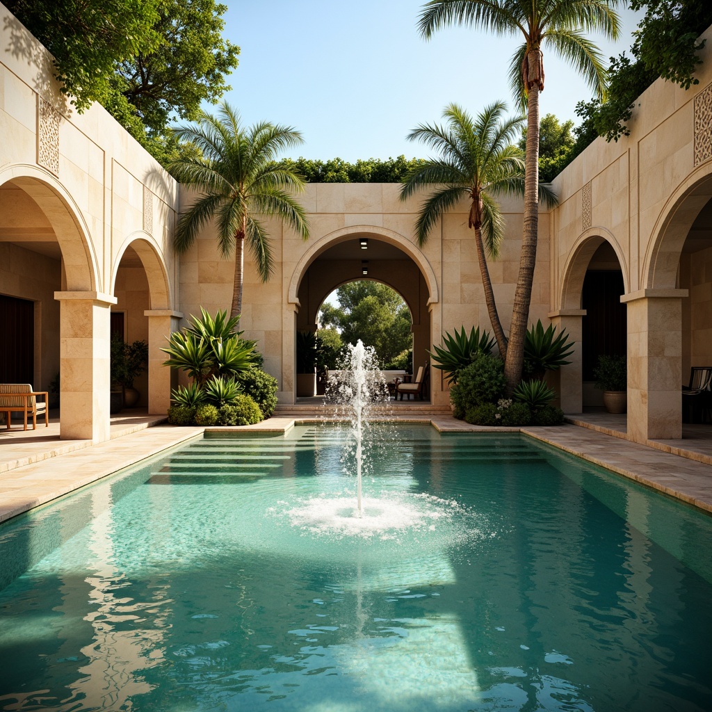 Prompt: Romanesque swimming pool, natural stone walls, ornate carvings, grand archways, turquoise water, gentle ripples, central fountain, splashing water features, lush greenery, tropical plants, warm sunny day, soft golden lighting, shallow depth of field, 1/1 composition, symmetrical view, realistic textures, ambient occlusion.