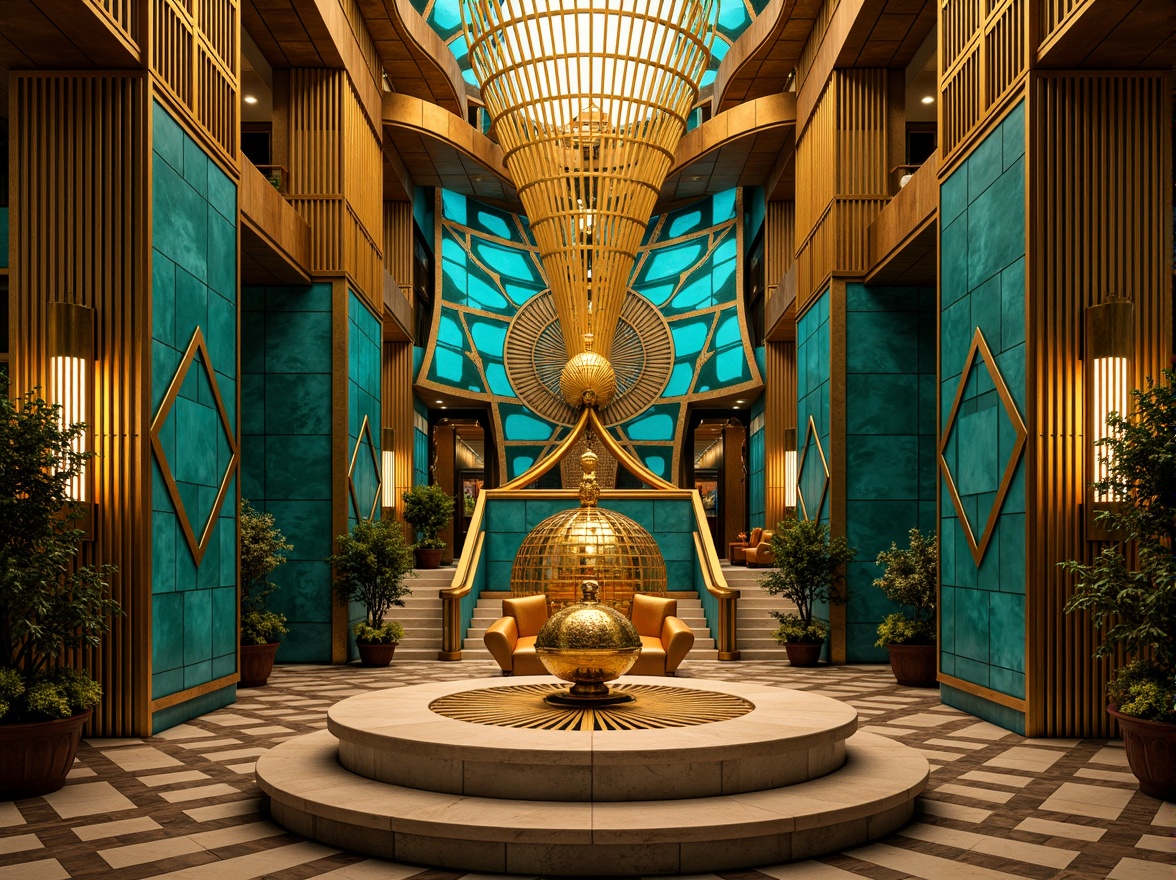 Prompt: Opulent Art Deco monument, lavish golden accents, rich bronze tones, vibrant turquoise mosaics, geometric patterns, ornate metalwork, luxurious marble surfaces, bold black outlines, stylized floral motifs, sunburst designs, zigzag patterns, metallic sheen, warm ambient lighting, shallow depth of field, 1/1 composition, symmetrical framing, high-contrast colors, intricate textures, realistic reflections.