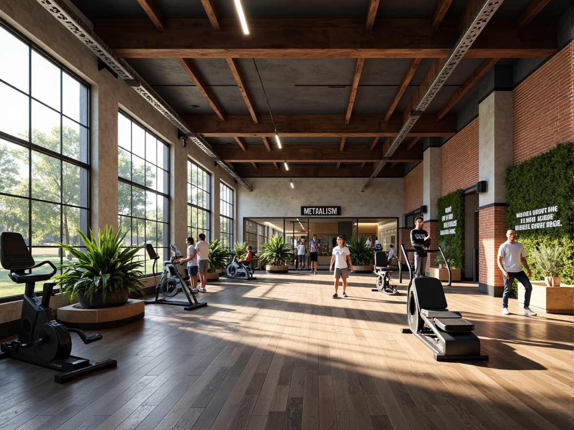 Prompt: Vibrant gym interior, metabolism-inspired design, natural light pouring in, large windows, industrial metal beams, reclaimed wood accents, exposed brick walls, modern fitness equipment, free weights, treadmills, exercise bikes, motivational quotes, greenery walls, living plants, earthy tones, warm color scheme, high ceilings, open spaces, minimal decor, functional layout, softbox lighting, shallow depth of field, 1/1 composition, realistic textures, ambient occlusion.