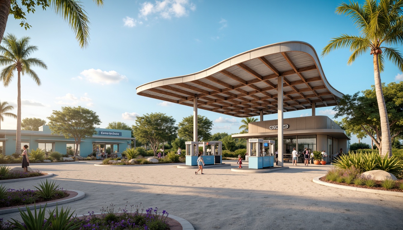 Prompt: Beachside gas station, modern canopy design, curved metal structures, translucent roofing, ocean-inspired architecture, coastal color palette, sandy textures, driftwood accents, nautical-themed signage, fuel pumps with LED lighting, sleek payment terminals, tropical landscaping, palm trees, succulent plants, sunny day, soft warm lighting, shallow depth of field, 3/4 composition, panoramic view, realistic reflections, ambient occlusion.