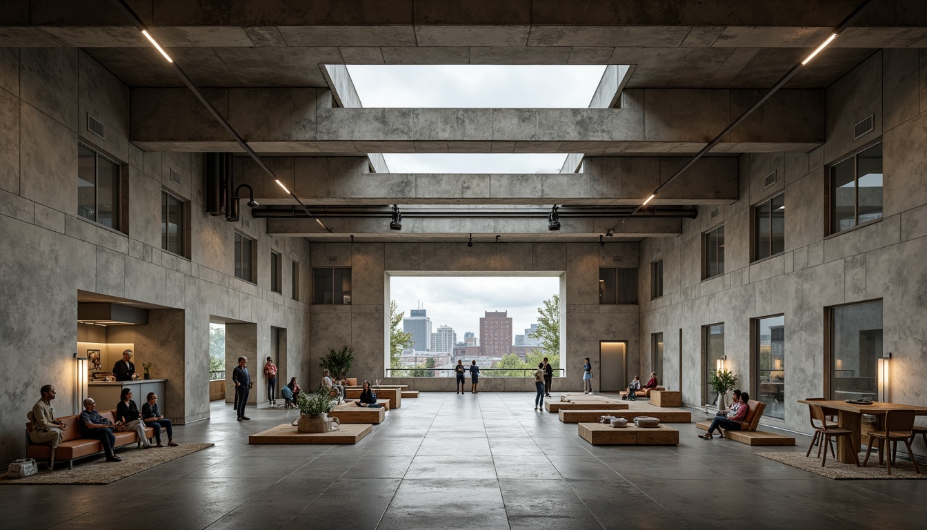 Prompt: Rugged community center, brutalist architecture, raw concrete walls, exposed ductwork, industrial metal beams, natural light pouring in, large skylights, clerestory windows, urban landscape views, gritty cityscape, overcast sky, soft diffused lighting, high contrast shadows, dramatic architectural angles, bold structural elements, minimalist interior design, functional simplicity, communal gathering spaces, reclaimed wood accents, earthy color palette, organic textures, 3/4 composition, cinematic framing, realistic render.