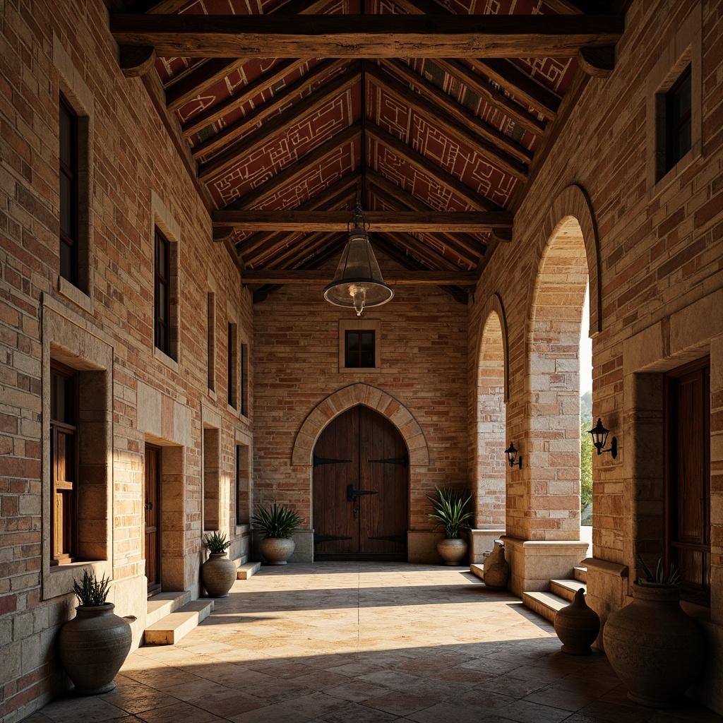 Prompt: Rustic stone walls, weathered brick facades, ornate carvings, intricate archways, grandiose vaulted ceilings, richly patterned textiles, warm golden lighting, soft diffused shadows, 1/1 composition, symmetrical framing, realistic material textures, ambient occlusion, mysterious atmosphere, ancient historical context, European medieval setting.