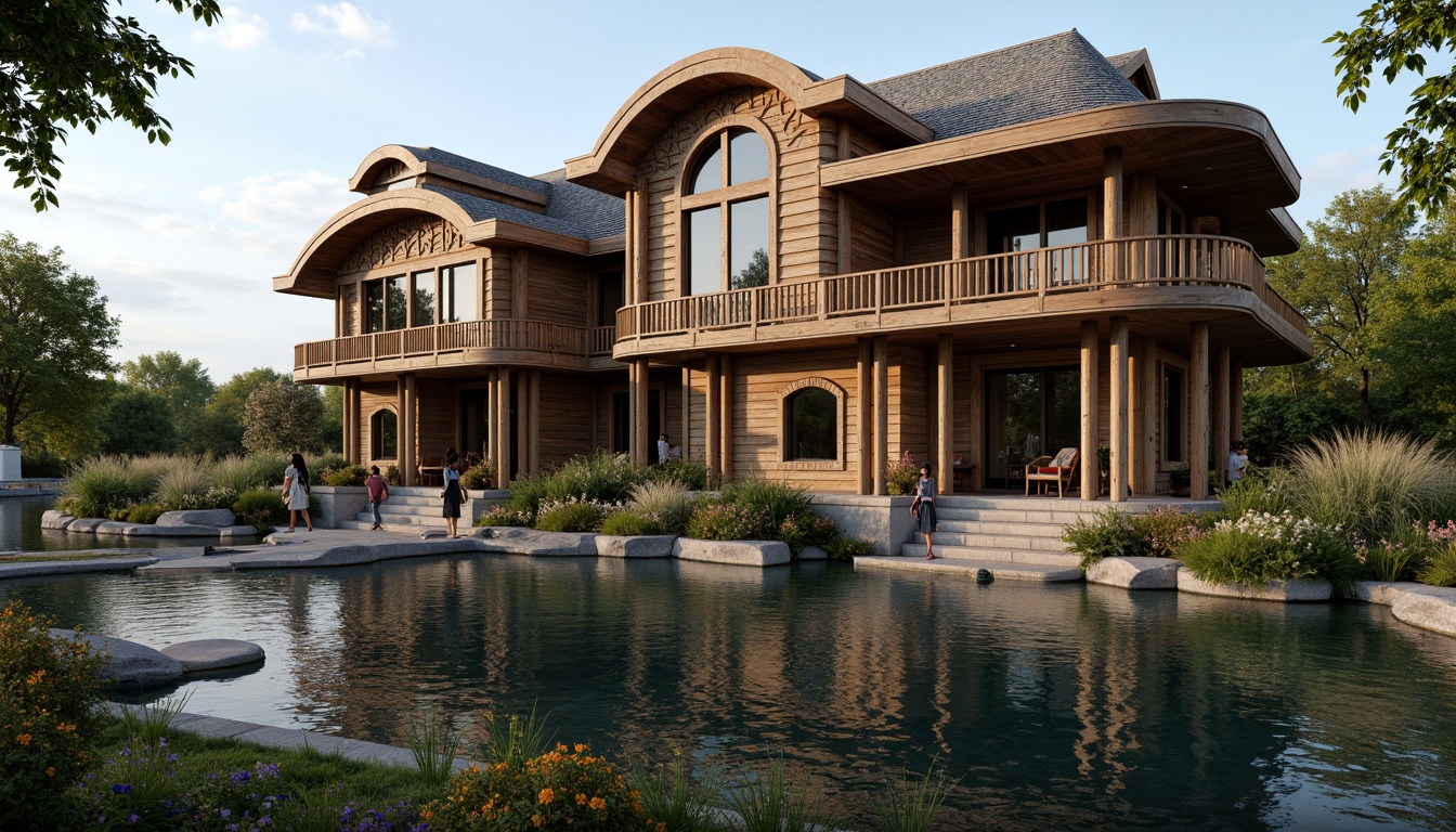 Prompt: Rustic boathouse, Renaissance-inspired facade, ornate wooden decorations, curved lines, grandiose entrance, stone foundation, water reflections, serene lake surroundings, lush greenery, vibrant flowers, soft warm lighting, shallow depth of field, 3/4 composition, panoramic view, realistic textures, ambient occlusion, distressed wood accents, vintage nautical elements, elegant balconies, ornate metal railings, classic lanterns, subtle color palette, earthy tones.