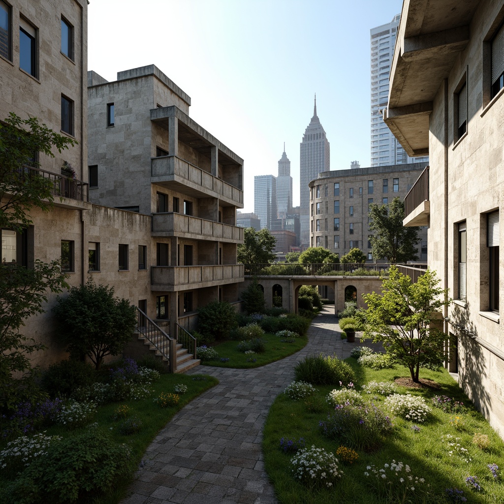 Prompt: Rugged brutalist buildings, raw concrete textures, fortress-like structures, overgrown vegetation, wildflowers, moss-covered walls, weathered steel beams, industrial materials, urban landscape integration, cityscape views, elevated walkways, cantilevered sections, dramatic shadows, harsh natural light, 1/1 composition, symmetrical framing, high-contrast lighting, gritty realistic textures, ambient occlusion.