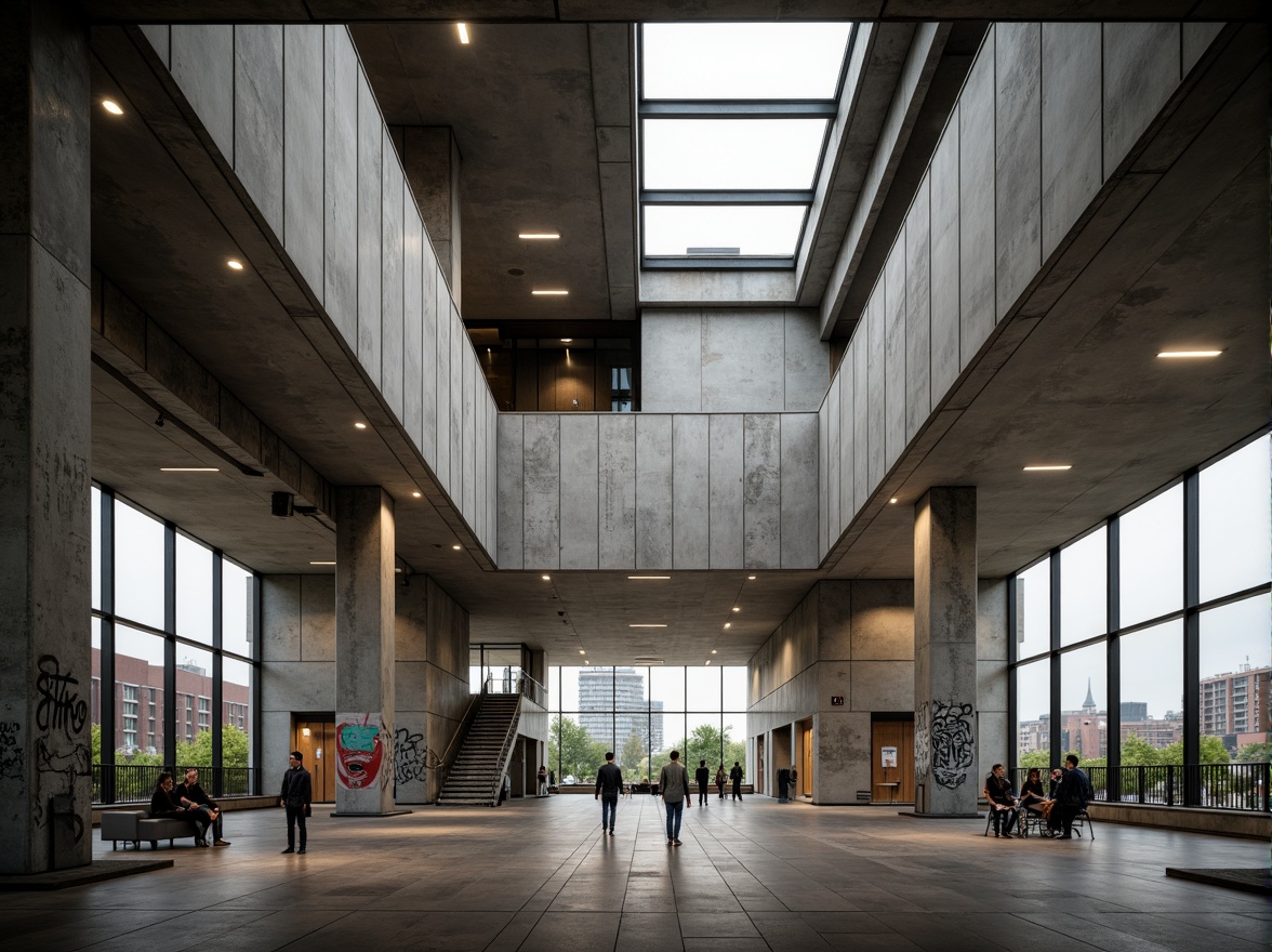 Prompt: Rugged community center, brutalist architecture, raw concrete walls, exposed ductwork, industrial metal beams, natural light pouring in, large skylights, clerestory windows, urban landscape views, gritty cityscape, overcast sky, soft diffused lighting, high contrast shadows, dramatic architectural forms, bold geometric shapes, functional minimalism, communal gathering spaces, reclaimed wood accents, weathered steel features, abstract graffiti art, moody atmospheric tones, cinematic composition, realistic textures, ambient occlusion.