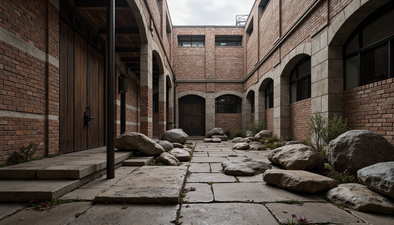 Prompt: Rustic stone walls, weathered wooden planks, rough-hewn concrete columns, tactile brick facades, ornate metalwork, intricate stonework patterns, natural rock formations, earthy tones, organic shapes, brutalist architecture, industrial chic aesthetic, urban landscape, overcast sky, dramatic shadows, high-contrast lighting, 1/2 composition, atmospheric perspective, realistic material rendering.