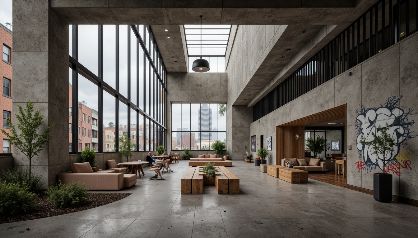 Prompt: Rugged community center, brutalist architecture, raw concrete walls, exposed ductwork, industrial metal beams, natural light pouring in, large skylights, clerestory windows, urban landscape views, gritty cityscape, overcast sky, soft diffused lighting, high contrast shadows, dramatic architectural forms, bold geometric shapes, functional minimalism, communal gathering spaces, reclaimed wood accents, weathered steel features, abstract graffiti art, moody atmospheric tones, cinematic composition, realistic textures, ambient occlusion.