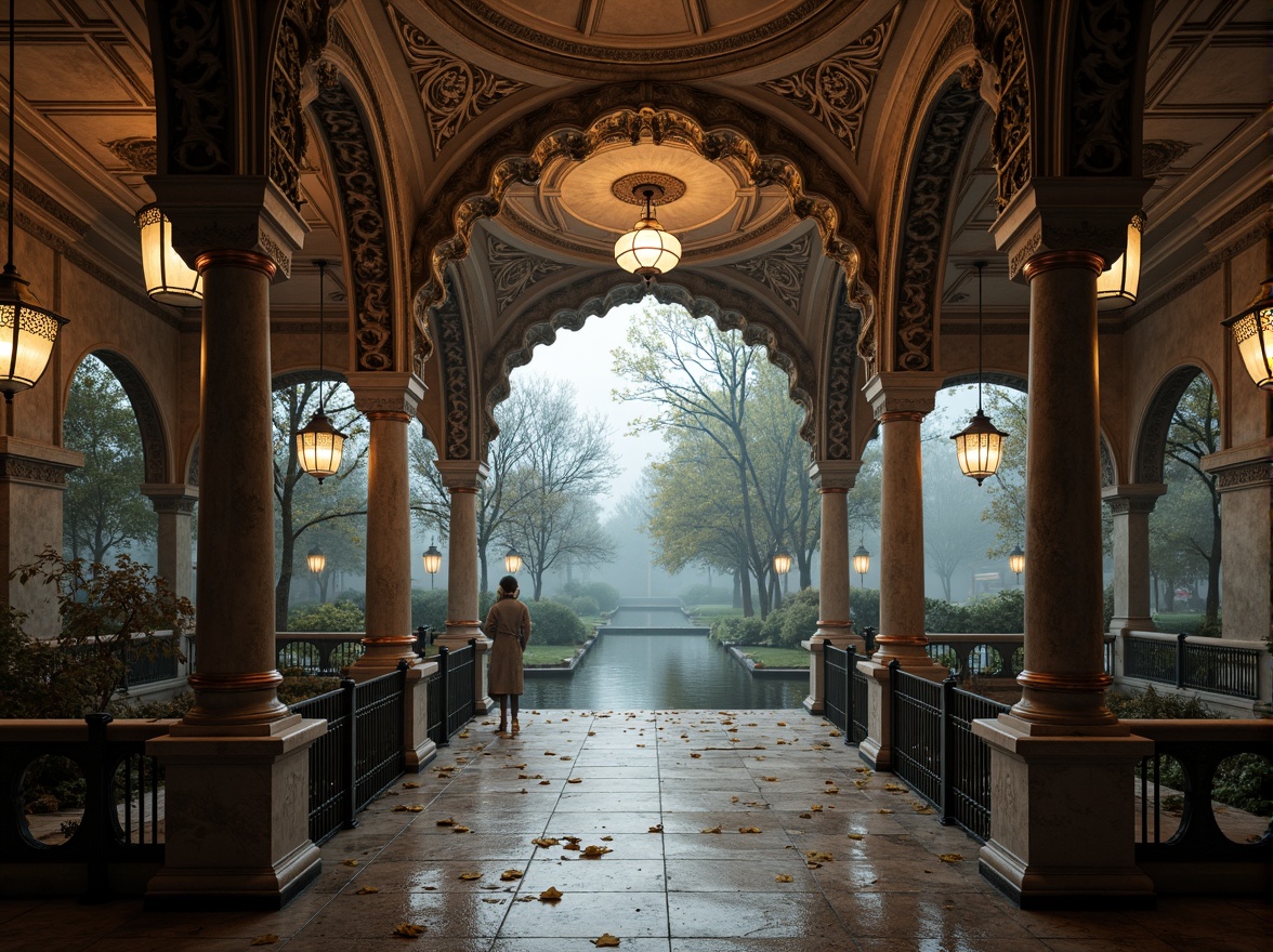 Prompt: Intricate stone carvings, ornate metal railings, grandiose arches, majestic columns, rustic stonework, weathered copper accents, lavish lanterns, dramatic water reflections, misty morning atmosphere, soft warm lighting, shallow depth of field, 1/2 composition, symmetrical framing, realistic textures, ambient occlusion.