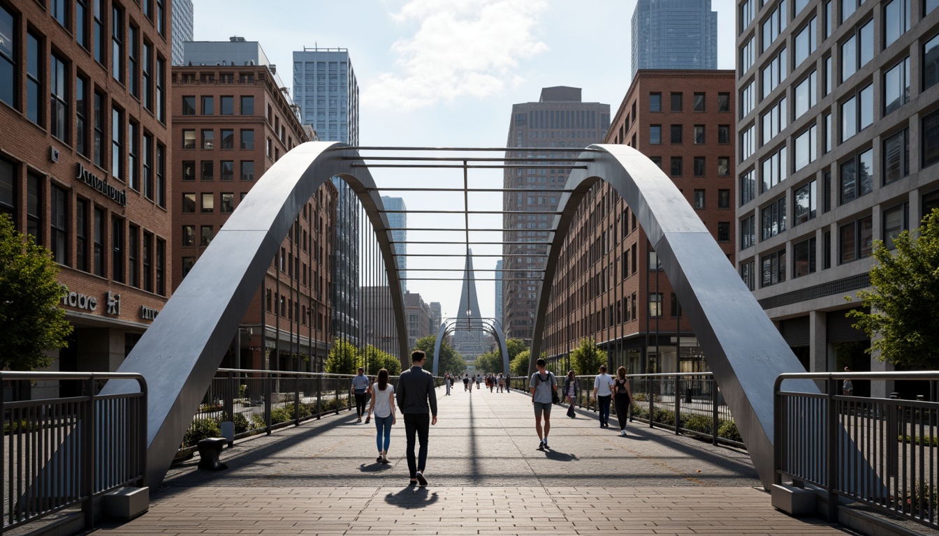 Prompt: Curved pedestrian bridge, steel arches, suspension cables, wooden decking, metal railings, lantern-style lighting, urban cityscape, busy streets, morning commute, soft natural light, shallow depth of field, 1/2 composition, symmetrical view, realistic reflections, ambient occlusion.