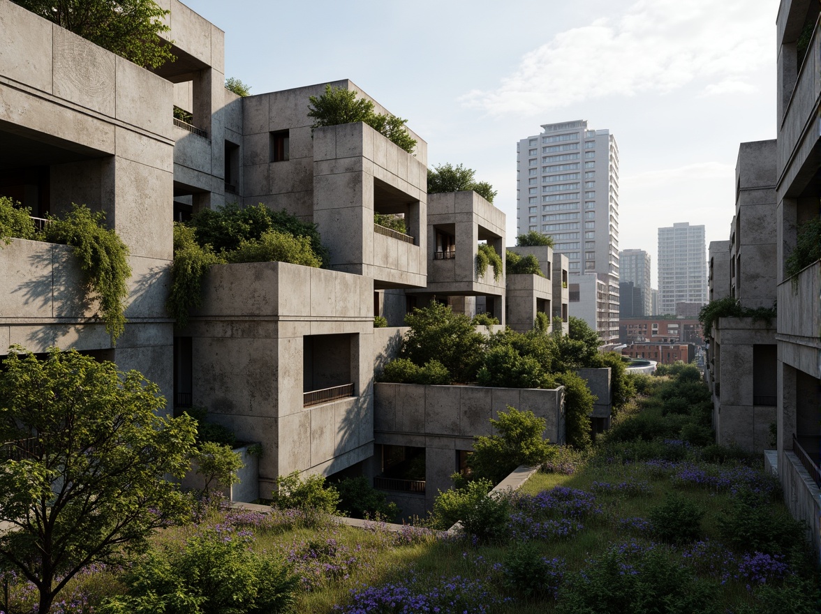 Prompt: Rugged brutalist buildings, raw concrete textures, fortress-like structures, overgrown vegetation, wildflowers, moss-covered walls, weathered steel beams, industrial materials, urban landscape integration, cityscape views, elevated walkways, cantilevered sections, dramatic shadows, harsh natural light, 1/1 composition, symmetrical framing, high-contrast colors, gritty realistic textures, ambient occlusion.