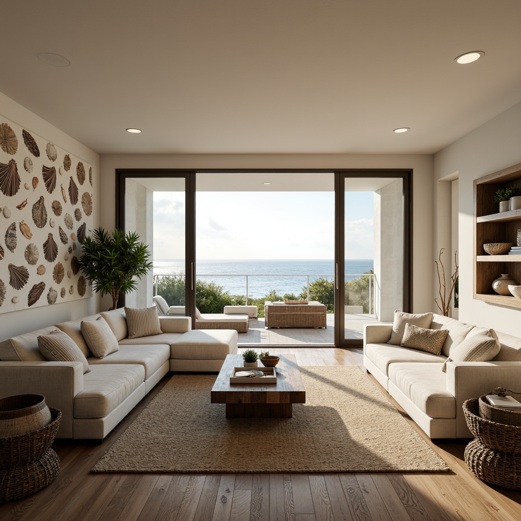 Prompt: Coastal living room, ocean-inspired color palette, driftwood accents, natural textiles, woven sea grass furniture, coral-patterned rugs, shell-adorned decorative walls, floor-to-ceiling windows, sliding glass doors, panoramic ocean views, soft warm lighting, beachy ambiance, minimalist decor, nautical-themed accessories, distressed wood flooring, plush sectional sofas, built-in shelving units, tropical plants, calming atmosphere, 1/1 composition, realistic reflections, ambient occlusion.