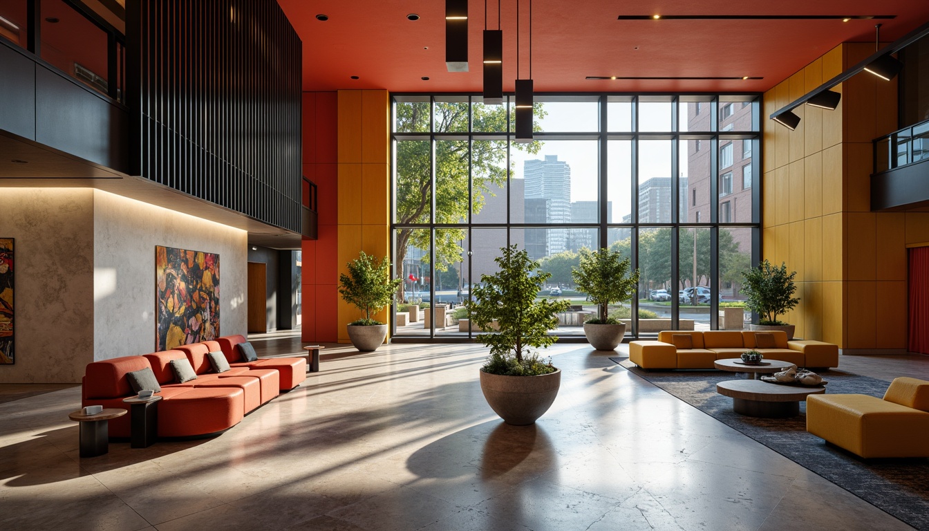 Prompt: Geometric hotel lobby, bold color blocking, industrial metal accents, minimalist furniture, sleek lines, functional decor, open floor plan, natural light pouring, urban cityscape views, abstract artwork, brutalist concrete walls, polished marble floors, warm ambient lighting, shallow depth of field, 1/1 composition, symmetrical framing, high-contrast textures, atmospheric misting.