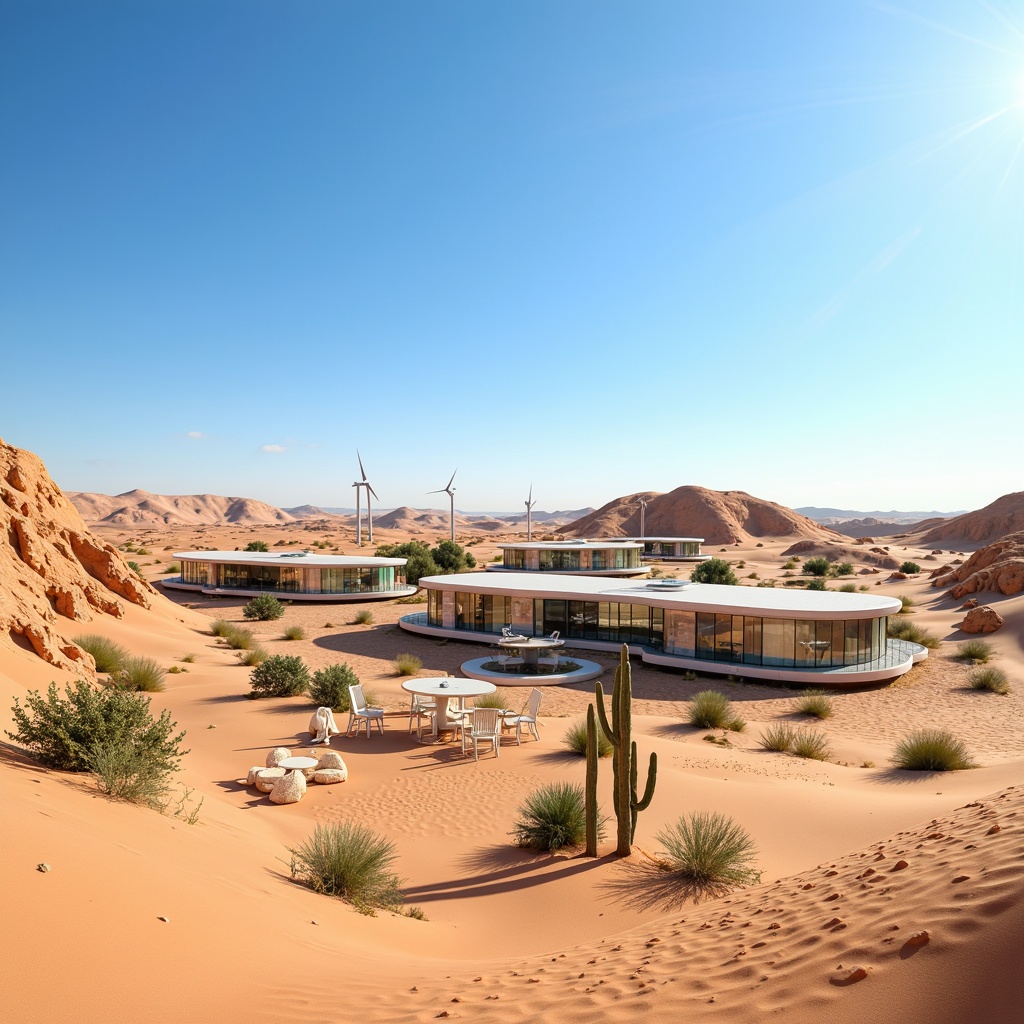 Prompt: Arid desert landscape, sandy dunes, cactus plants, hot sunny day, clear blue sky, vast open space, innovative desert architecture, sustainable materials, recycled metal buildings, translucent glass fa\u00e7ades, curved lines, minimalist design, energy-efficient systems, solar panels, wind turbines, water harvesting systems, green roofs, eco-friendly concrete, advanced insulation technologies, shaded outdoor spaces, misting systems, Arabic-inspired patterns, vibrant colorful textiles, intricate geometric motifs, futuristic aesthetic, 3/4 composition, panoramic view, realistic textures, ambient occlusion.