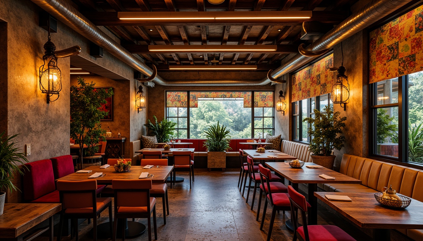 Prompt: Vibrant restaurant interior, rich wood textures, ornate metal fixtures, luxurious velvet fabrics, bold colorful patterns, eclectic decorative accents, distressed stone walls, reclaimed wooden tables, plush cushioned chairs, warm golden lighting, dramatic shadows, cinematic composition, shallow depth of field, 1/1 aspect ratio, high contrast, expressionist brushstrokes.