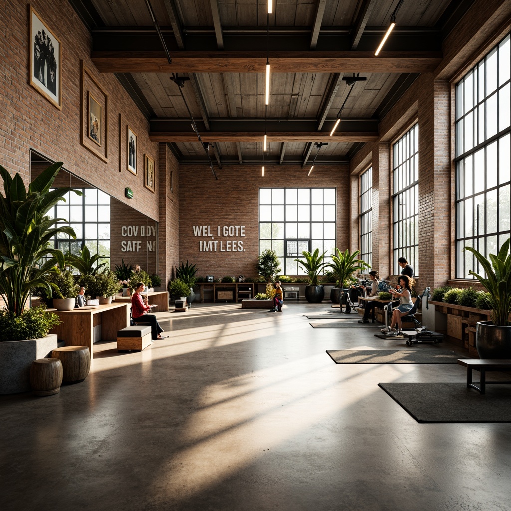 Prompt: Vibrant metabolism-inspired gymnasium, natural light pouring in, industrial-style metal beams, reclaimed wood accents, exposed brick walls, modern fitness equipment, free weights, exercise machines, mirrored walls, motivational quotes, greenery-filled planters, minimalist decor, high ceilings, large windows, soft warm lighting, shallow depth of field, 3/4 composition, panoramic view, realistic textures, ambient occlusion.