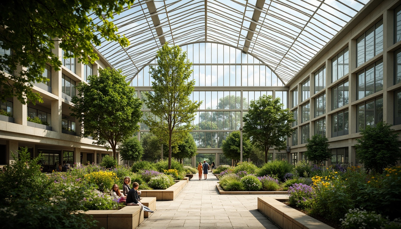 Prompt: Elegant greenhouse, lush greenery, abundant natural light, clerestory windows, skylights, transparent roof panels, steel frames, minimalist architecture, modern academic style, vibrant flowers, educational signs, wooden benches, stone pathways, warm atmosphere, soft diffused lighting, shallow depth of field, 1/1 composition, realistic textures, ambient occlusion.