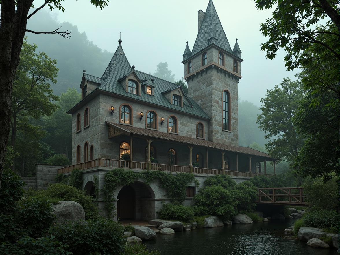 Prompt: Mysterious medieval castle, rugged stone walls, grandiose spires, stained glass windows, ornate gargoyles, lush greenery, overgrown vines, moss-covered stones, misty atmosphere, soft warm lighting, dramatic shadows, 3/4 composition, symmetrical framing, eerie ambiance, mystical fog, ancient trees, twisted branches, weathered wooden bridges, serene water features, reflective pools, Gothic arches, ribbed vaults, flying buttresses, intricate stone carvings.