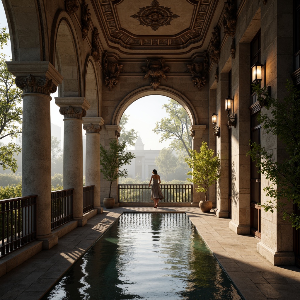 Prompt: Intricate stone carvings, ornate metal railings, grandiose arches, majestic columns, rustic stonework, weathered copper accents, lavish lanterns, dramatic water reflections, misty morning atmosphere, soft warm lighting, shallow depth of field, 1/2 composition, symmetrical framing, realistic textures, ambient occlusion.