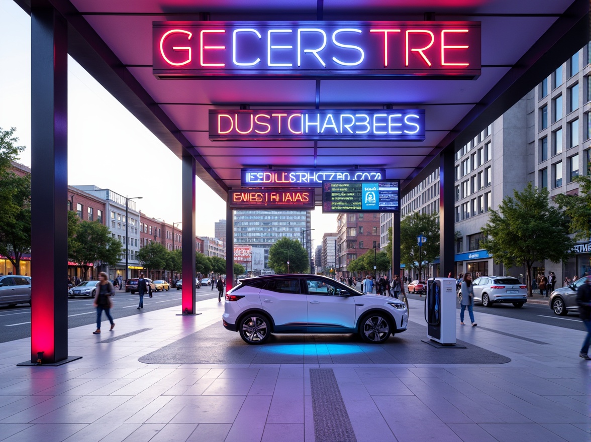 Prompt: Vibrant electric vehicle charging station, neon-lit signage, bold typography, futuristic architecture, sleek metal columns, glossy white floors, dynamic LED lighting, energizing color scheme, contrasting accents, modern minimalist design, urban cityscape, busy streets, morning sunlight, shallow depth of field, 1/1 composition, realistic textures, ambient occlusion.