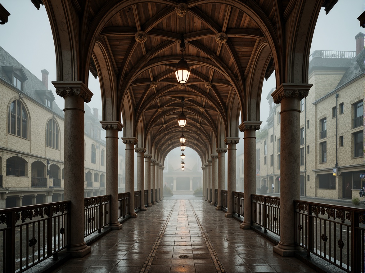 Prompt: Grand pedestrian bridge, Gothic archways, ornate stone carvings, ribbed vaults, pointed arches, flying buttresses, intricate tracery, stained glass windows, majestic piers, weathered bronze railings, mystical lanterns, misty atmosphere, soft warm lighting, shallow depth of field, 3/4 composition, panoramic view, realistic textures, ambient occlusion.