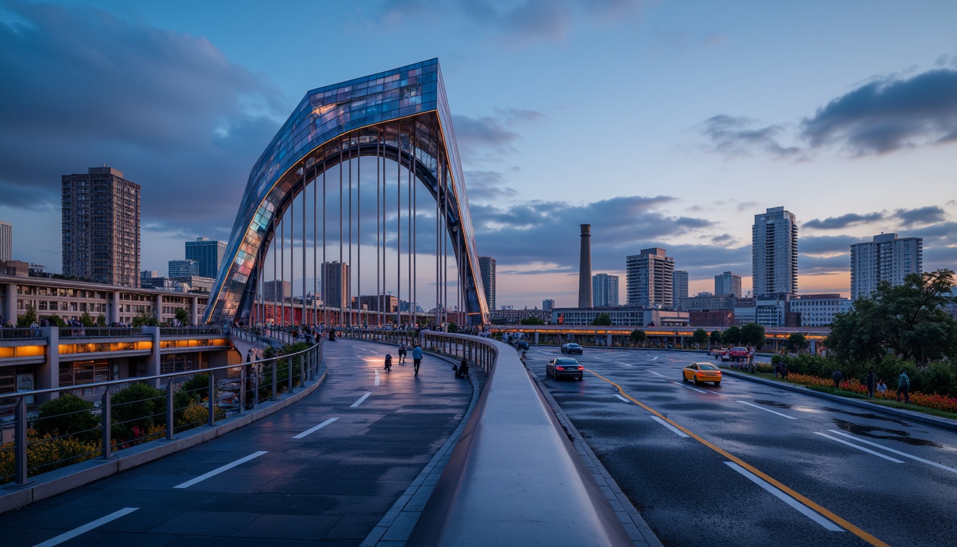 Prompt: Futuristic bridge design, metallic structures, iridescent materials, reflective surfaces, neon-lit accents, glowing lines, sleek curves, minimalist railings, modern urban landscape, cityscape at dusk, vibrant nightlife, misty atmosphere, shallow depth of field, 3/4 composition, panoramic view, realistic textures, ambient occlusion.