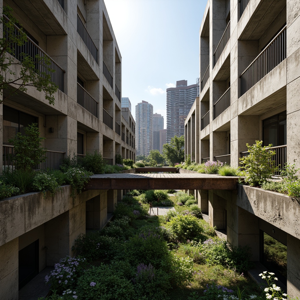 Prompt: Rugged brutalist buildings, raw concrete textures, fortress-like structures, overgrown vegetation, wildflowers, moss-covered walls, weathered steel beams, industrial materials, urban landscape integration, cityscape views, elevated walkways, cantilevered sections, dramatic shadows, harsh natural light, 1/1 composition, symmetrical framing, high-contrast lighting, gritty realistic textures, ambient occlusion.