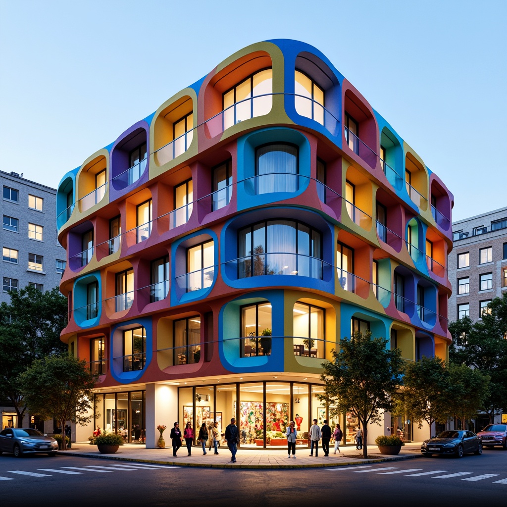 Prompt: Vibrant school building, undulating facade, irregular shapes, bold color blocking, dynamic patterns, expressive textures, abstract murals, oversized windows, cantilevered roofs, playful staircases, winding corridors, futuristic lighting fixtures, neon accents, urban cityscape, morning sunlight, shallow depth of field, 1/1 composition, wide-angle lens, high-contrast rendering, stylized reflections.